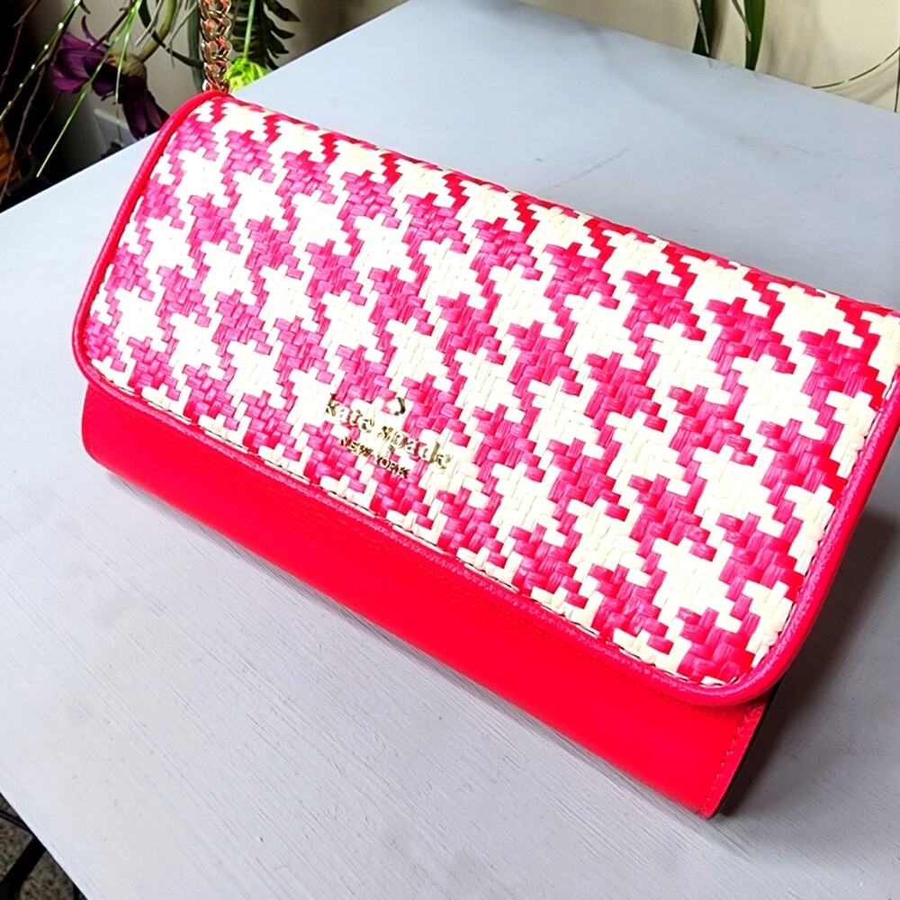 Kate Spade Pink Woven Houndstooth Darcy Chain Crossbody Bag New K8223